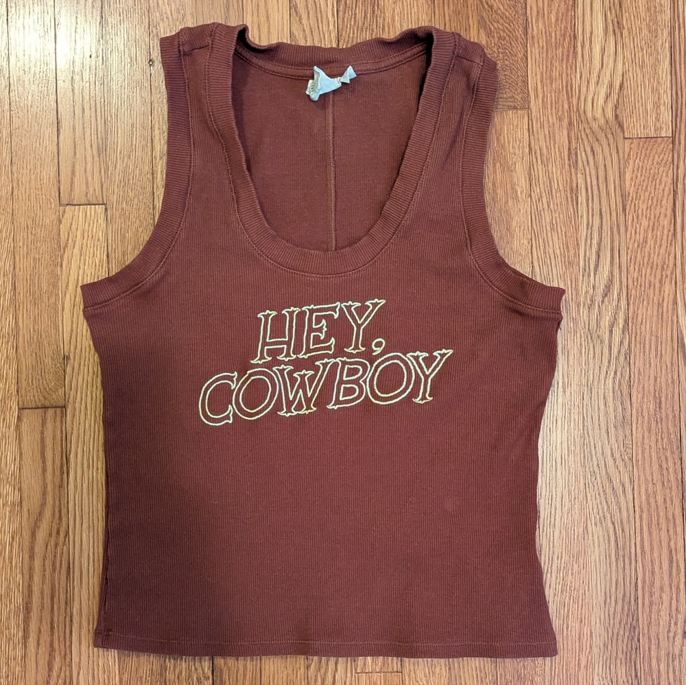 White Crow 'Hey, Cowboy' Ribbed Tank Top in Rust Brown
